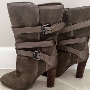 $278 Coach Alexandra Suede/Matte Calf  Taupe Mid Calf Heel 7